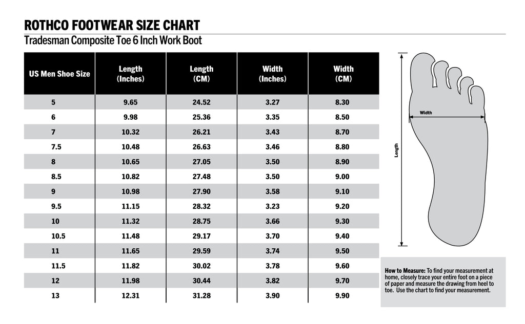  Footwear Size Chart for Tradesman Composite Toe Work Boots